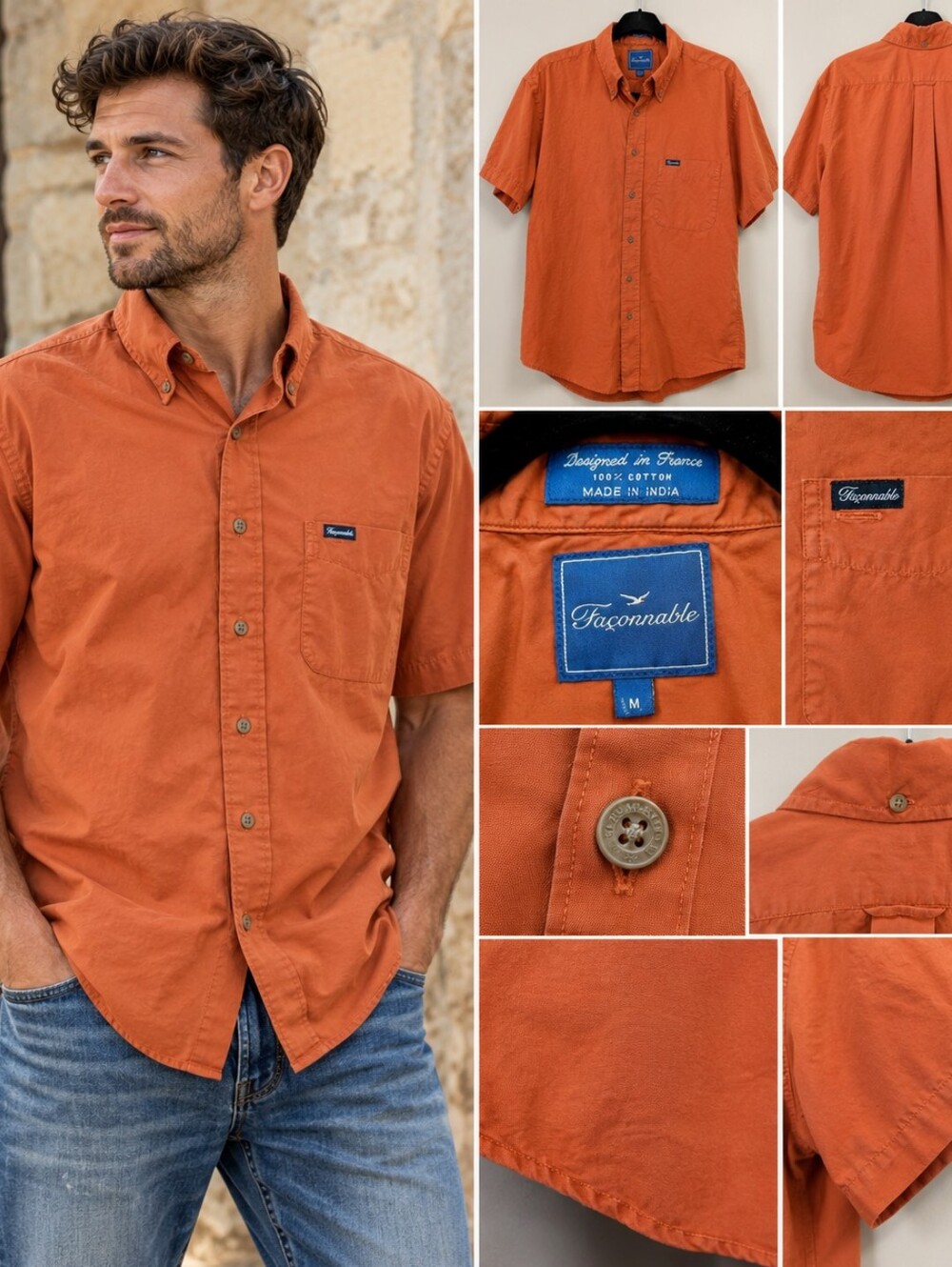 Façonnable Men’s M Burnt Orange 100% Cotton Short Sleeve Button Down Shirt